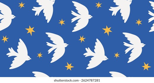 Seamless naive pattern with birds in the sky with stars