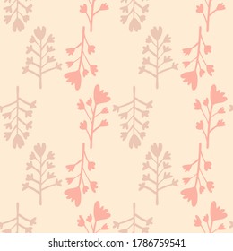 Seamless naive pattern with flower branch shapes. Simple backdrop in pastel pink tones. Designed for wallpaper, textile, wrapping paper, fabric print. Vector illustration.