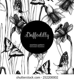 Seamless narcissus pattern. Spring vintage background with hand drawn black narcissus and butterflies