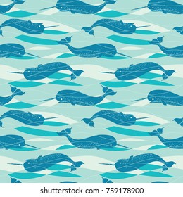 Seamless Narwhal Allover Print Pattern / Vector Illustration / Global Colors saved with Pattern Swatches