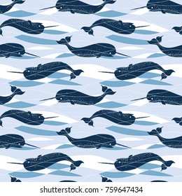 Seamless Narwhal Allover Print Pattern / Vector Illustration / Global Colors saved with Pattern Swatches