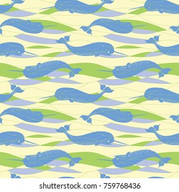 Seamless Narwhal Allover Print Pattern / Vector Illustration / Global Colors saved with Pattern Swatches