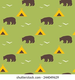 Seamless national pattern with the image of the bear and shelter