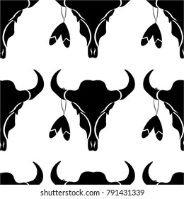 Seamless native american indian pattern with skull of bull and feathers
