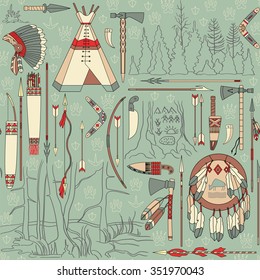 Seamless Native American pattern with forest landscapes can be used for graphic design, textile design or web design.