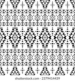 Patrón nativo americano sin problemas. Motivo étnico geométrico abstracto. Vector de estilo contemporáneo tribal oriental. Blanco y negro. Diseño para tela, textil, adorno, impresión, interior, alfombra.