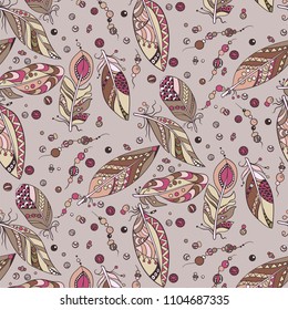 Seamless native  pattern with feathers and beads in vector graphic illustration in native tribal style in pastel colors