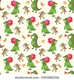 Seamless natural animal pattern with funny green crocodiles and little birds on light yellow background. Print for fabric for baby.