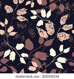 Seamless natural autumn pattern, abstract texture leaves on a dark brown background. Hand drawing. Design for textiles, wallpapers, printed products. Vector illustration