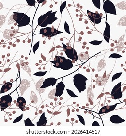 Seamless natural autumn pattern, abstract plants and leaves on a white background. Brown color.  Hand drawing. Design for textiles, wallpapers, printed products. Vector illustration