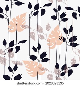 Seamless natural autumn pattern, abstract leaves, lines, monstera leaf on a white background. Hand drawing. Design for textiles, wallpapers, printed products. Vector illustration