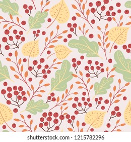 Seamless natural autumn pattern with colored leaves and fruits drawn by hand on a light background. Vector illustration for thanksgiving day.