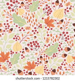Seamless natural autumn pattern with colored leaves and fruits drawn by hand on a light background. Vector illustration for thanksgiving day.