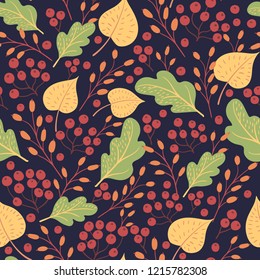 Seamless natural autumn pattern with colored leaves and fruits drawn by hand on a dark background. Vector illustration for thanksgiving day.