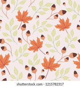 Seamless natural autumn pattern with colored leaves and acorns hand-drawn on light background. Vector illustration for thanksgiving day.