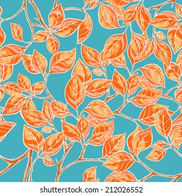 Seamless natural background with orange hand-drawn leaves on a blue background. vector illustration