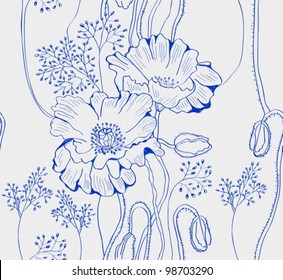 seamless natural background with poppies, vector plant illustration