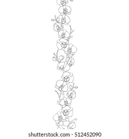Seamless natural border of the branches of blooming orchids in bud, draw the outline. Phalaenopsis. Background. Hand drawn vector illustration.