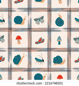 Seamless natural checkered pattern, mushrooms,  butterfly, snails, insects, white background. Vector, hand drawn. 