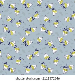 Seamless natural design in light blue. An unusual pattern with yellow spots and a blue outline looks like buds, seeds, leaves, peppers. Can be used for wallpaper, patterns, fabrics, textiles, print