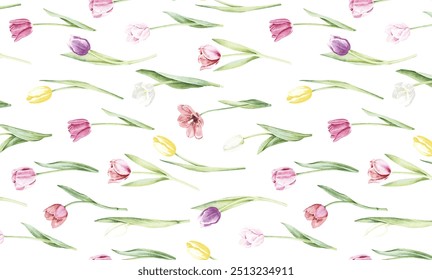 Seamless natural floral background with beautiful watercolor tulips on white.Hand painting watercolor illustration for prints, fabric, wrapping and other design.