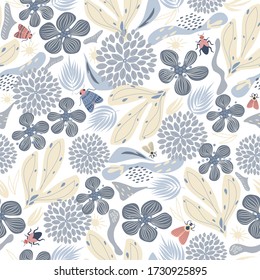 Seamless natural floral pattern, abstract flowers, bugs, insects  a white background. Hand drawing. Design for textiles, wallpapers, printed products. Vector illustration