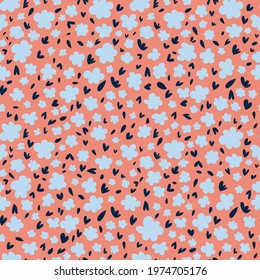 Seamless natural floral pattern, abstract  leaves and little blue flowers on a pink background. Hand drawing. Design for textiles, wallpapers, printed products. Vector illustration