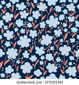 Seamless natural floral pattern, abstract  blue flowers on a dark blue background. Hand drawing. Design for textiles, wallpapers, printed products. Vector illustration