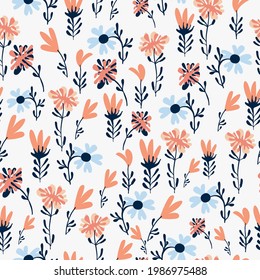 Seamless natural floral pattern, abstract  flowers and leaves on a white background. Hand drawing. Design for textiles, wallpapers, printed products. Vector illustration