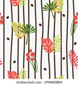 Seamless natural floral pattern, abstract red and green leaves, white background of brown vertical lines. Hand drawing. Design for textiles, wallpapers, printed products. Vector illustration