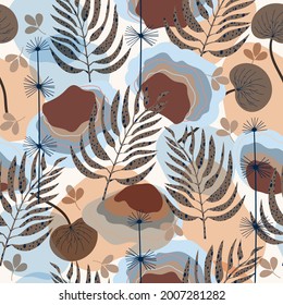 Seamless natural floral pattern, abstract blue and brown leaves, shapes on a white background. Hand drawing. Design for textiles, wallpapers, printed products. Vector illustration