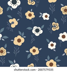 Seamless natural floral pattern, abstract flowers  and leaves, dark blue background. Hand drawing. Design for textiles, wallpapers, printed products. Vector illustration