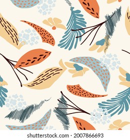 Seamless natural floral pattern, abstract blue and orange leaves, shapes on a white background. Hand drawing. Design for textiles, wallpapers, printed products. Vector illustration