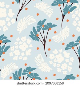 Seamless natural floral pattern, abstract blue and white flowers,  leaves, blue background. Hand drawing. Design for textiles, wallpapers, printed products. Vector illustration