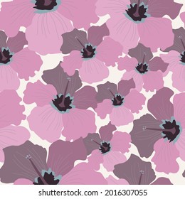 Seamless natural floral pattern, abstract pink hibiscus on a white background. Hand drawing. Design for textiles, wallpapers, printed products. Vector illustration