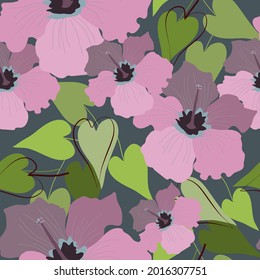 Nahtlose natürliche Blumenmuster, abstrakter rosafarbener Hibiskus und grüne Blätter auf dunkelblauem Hintergrund. Handzeichnung. Design für Textilien, Tapeten, Druckerzeugnisse. Vektorgrafik
