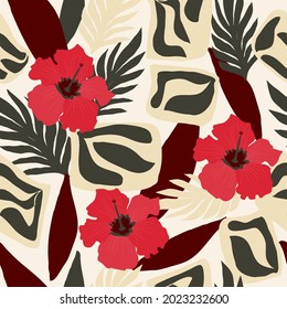 Seamless natural floral pattern, abstract red hibiscus  and abstract green palm leaves, white background. Hand drawing. Design for textiles, wallpapers, printed products. Vector illustration