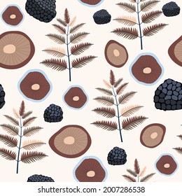 Seamless natural floral pattern, forest, abstract brown leaves, mushrooms, on a white background. Hand drawing. Design for textiles, wallpapers, printed products. Vector illustration