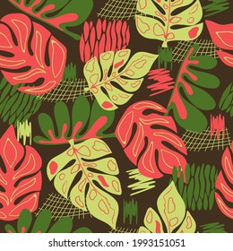 Patrón floral natural sin foco, monastera de hojas, formas abstractas, hojas rosadas y verdes sobre un fondo marrón oscuro. Dibujo manual. Diseño para textiles, papel pintado, productos impresos. Ilustración del vector