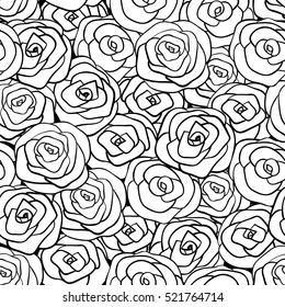 Seamless natural floral pattern of white roses painted black outline. Monochrome. Hand drawn vector illustration.