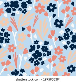 Seamless natural floral summer pattern, abstract flowers and leaves on a blue background. Hand drawing. Design for textiles, wallpapers, printed products. Vector illustration
