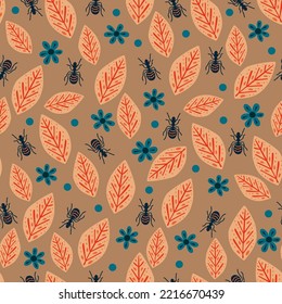 Seamless natural flowers pattern, forest leaves, ants, insects, brown background. Vector, hand drawn. 