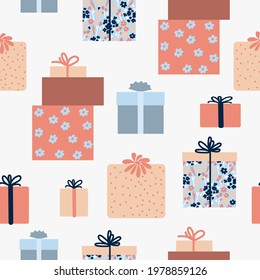 Seamless natural geometric pattern, abstract  gift boxes on a white background. Hand drawing. Design for textiles, package, wallpapers, printed products. Vector illustration