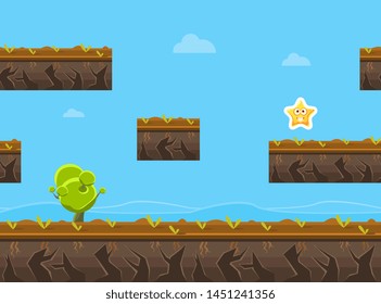 Seamless Natural Landscape, Unending Background for Mobile or Computer Game, Fantasy Platform for User Interface Vector Illustration