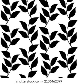 Seamless natural monochrome pattern. Black and white print with branches and leaves. Vector texture