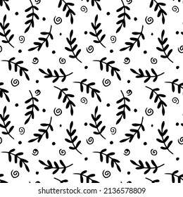 Seamless natural monochrome pattern. Black and white print with branches and leaves. Vector texture