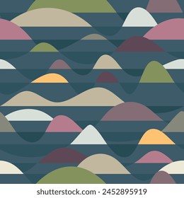 Seamless natural night pattern. Dark landscape with hills among the water. Hilly, flooded area. Flood in an uninhabited valley with mountains. Multicolored vector islands