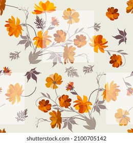 Seamless natural ornament for fabric with bouquets of orange cosmos flowers on a light olive background. Print for fabric. Vector design.