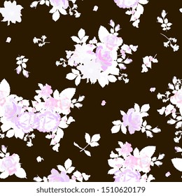 Seamless natural ornament on black background. Light silhouettes of flowers, leaves, bouquets. Romantic pattern.