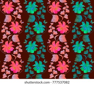 Seamless natural ornament with vertical garlands of stylized  cosmos and bell flowers on black background. Wallpaper, print for fabric in vector.